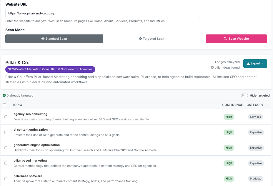 Pillar ideas from any website screenshot
