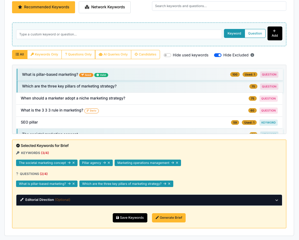 Content brief dashboard screenshot