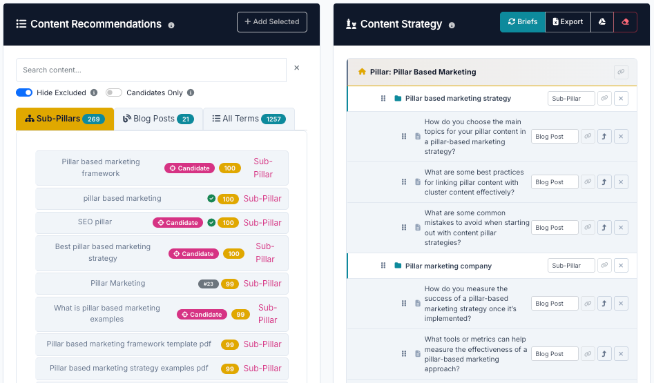 Manage pillar strategy screenshot