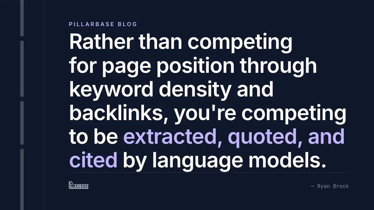 Pull quote: Rather than competing for page position through keyword density and backlinks, you're competing to be extracted, quoted, and cited by language models.
