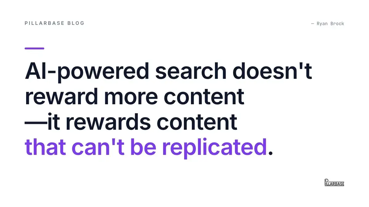 Pull quote: AI-powered search doesn't reward more content — it rewards content that can't be replicated.