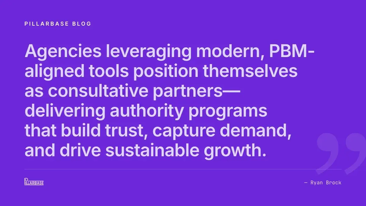 Agencies leveraging modern, PBM-aligned tools position themselves as consultative partners—delivering authority programs that build trust, capture demand, and drive sustainable growth.