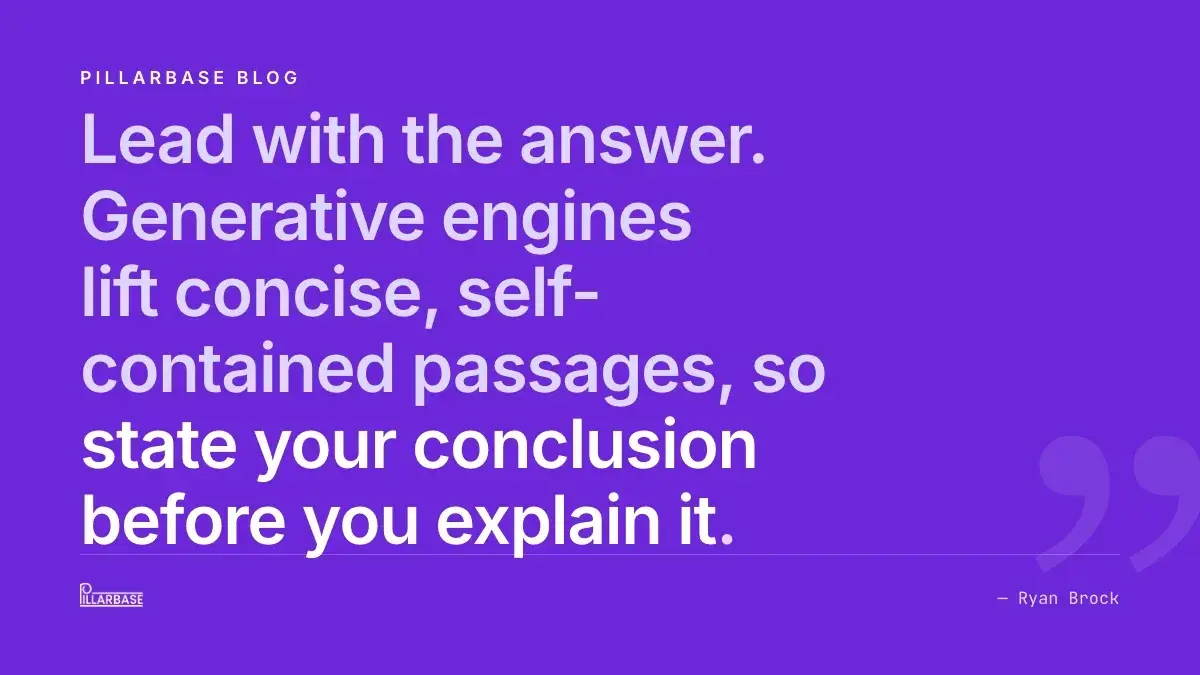 Pull quote: Lead with the answer. Generative engines lift concise, self-contained passages, so state your conclusion before you explain it.